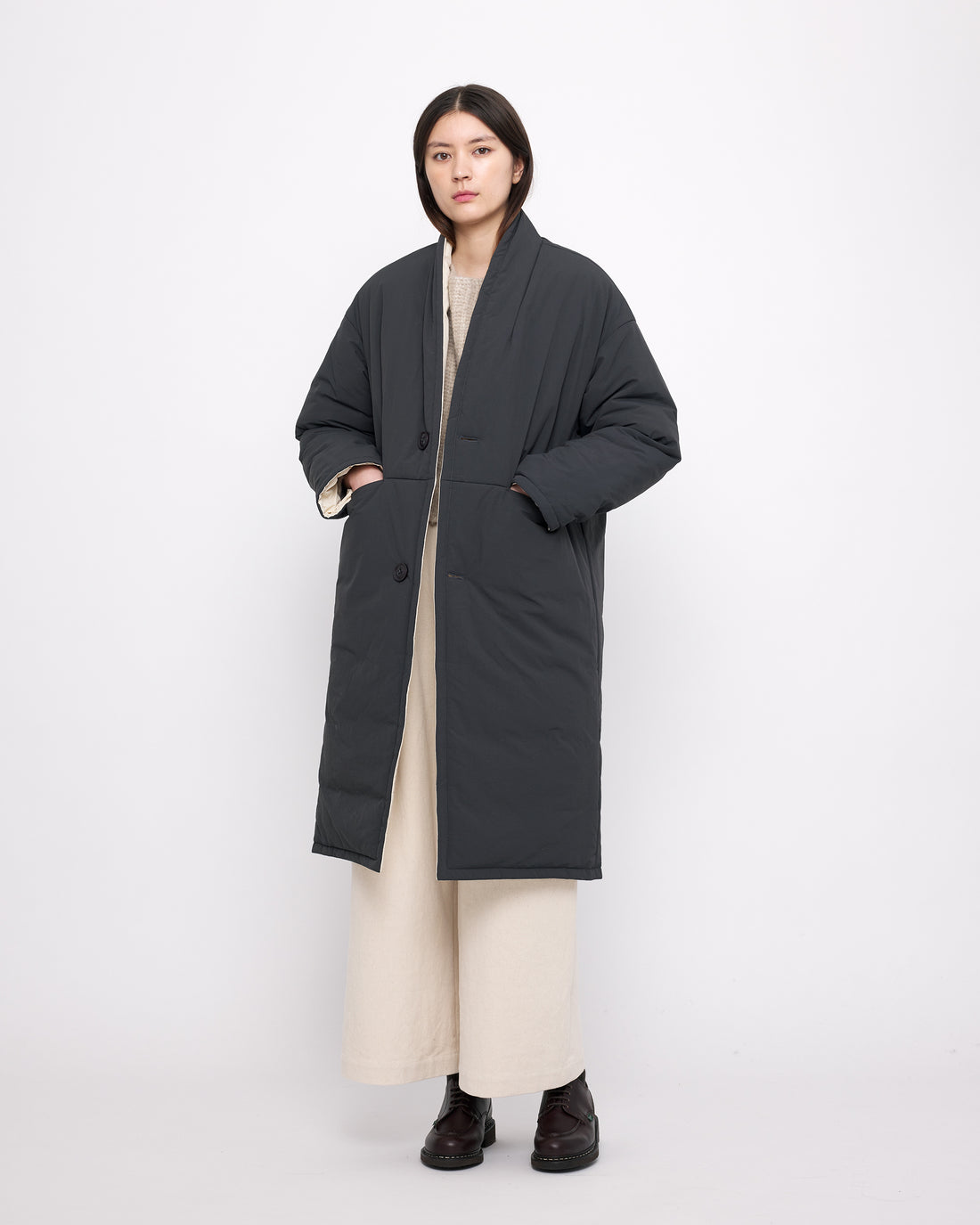 Reversible Quilted Coat - FW24 - Navy Gray/ Off-White