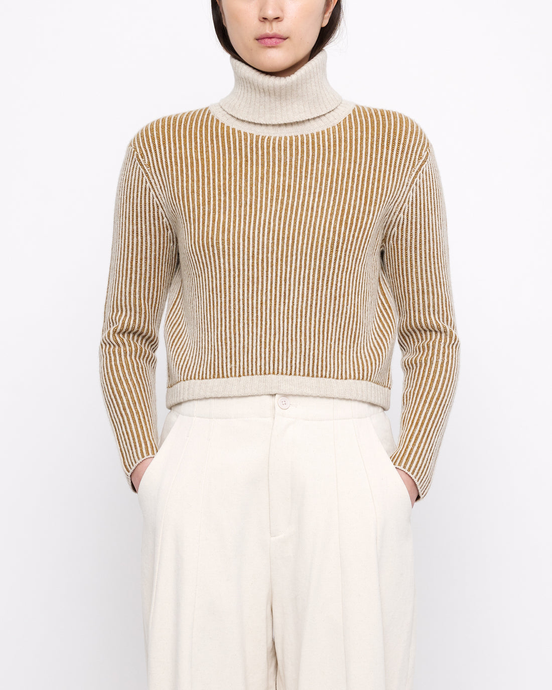 Striped Cropped Turtleneck - Mustard Stripes