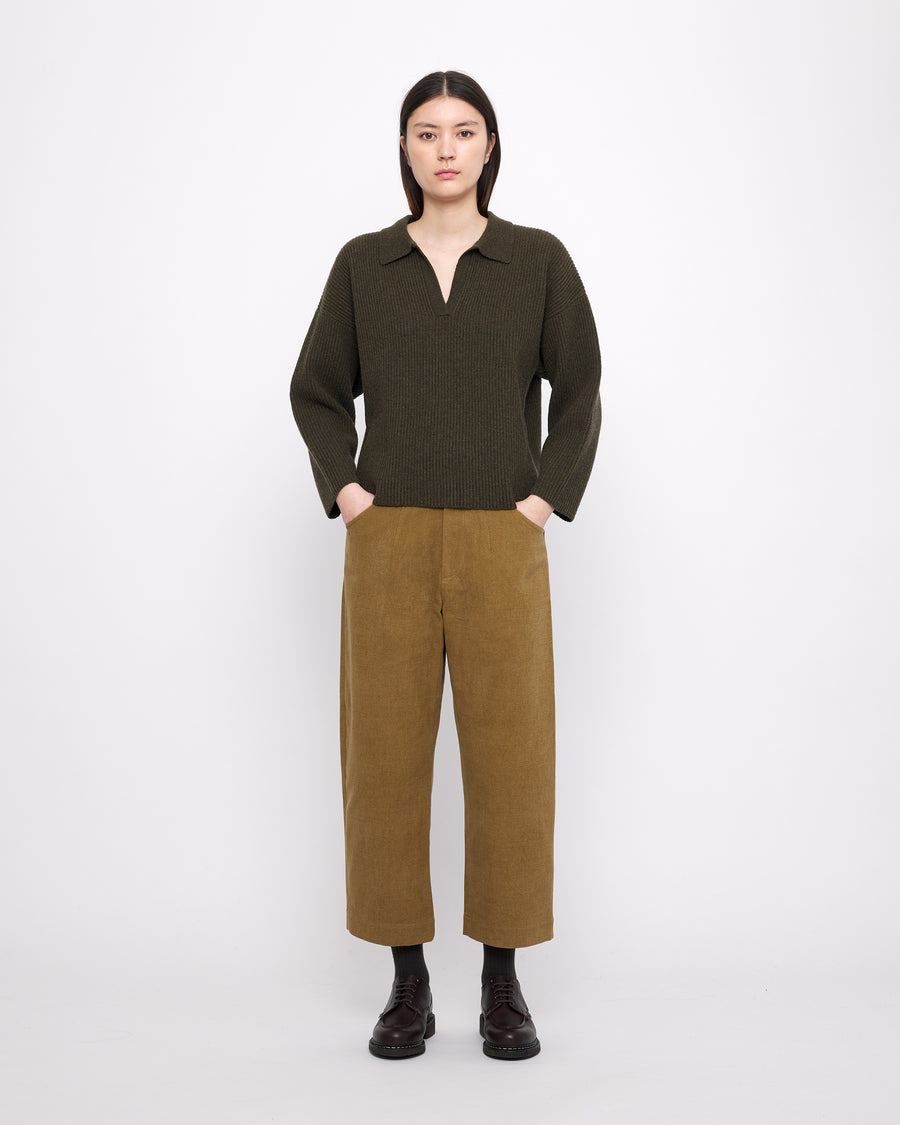 Ribbed Collared V-Neck Jumper - FW24 - Olive