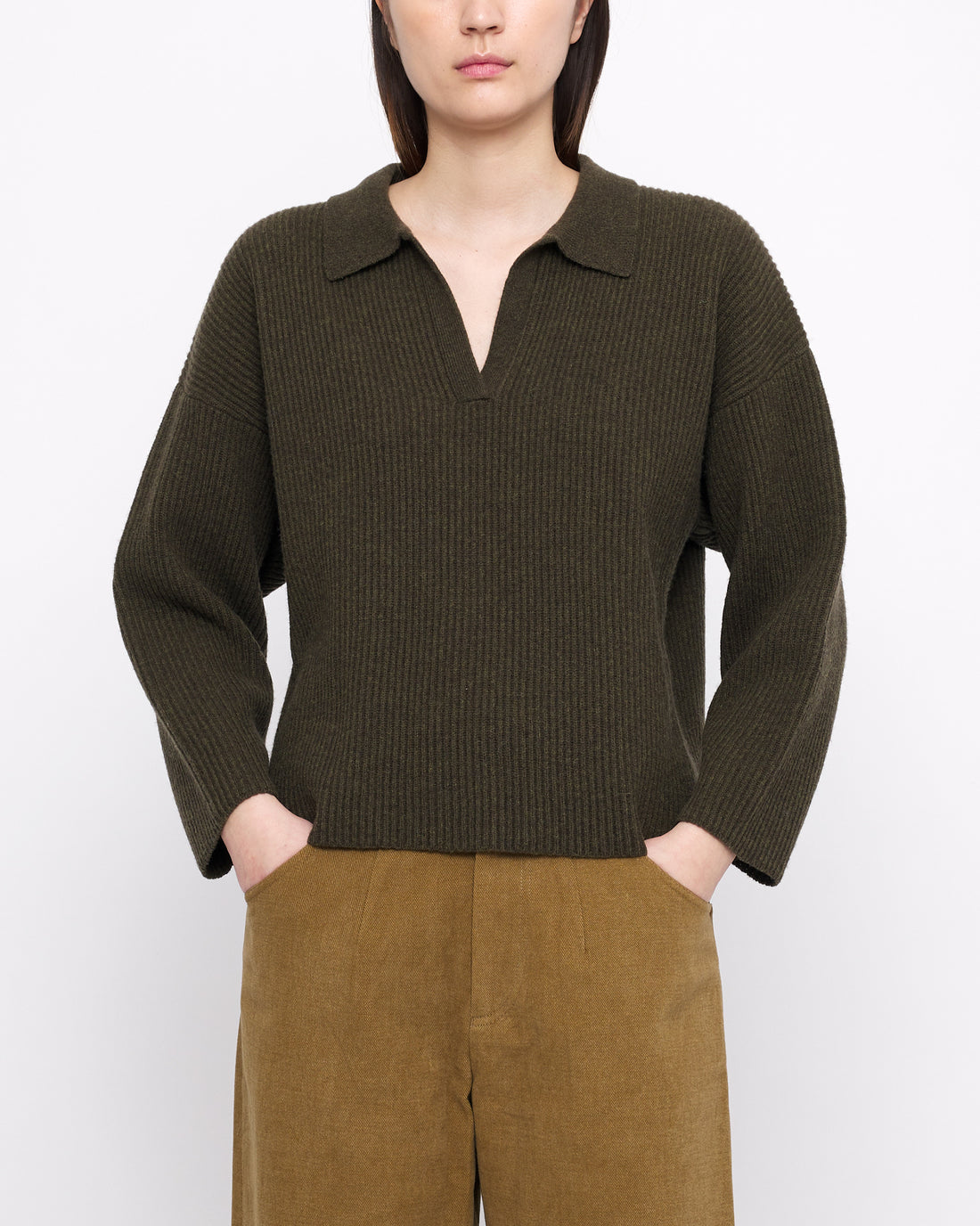 Ribbed Collared V-Neck Jumper - FW24 - Olive