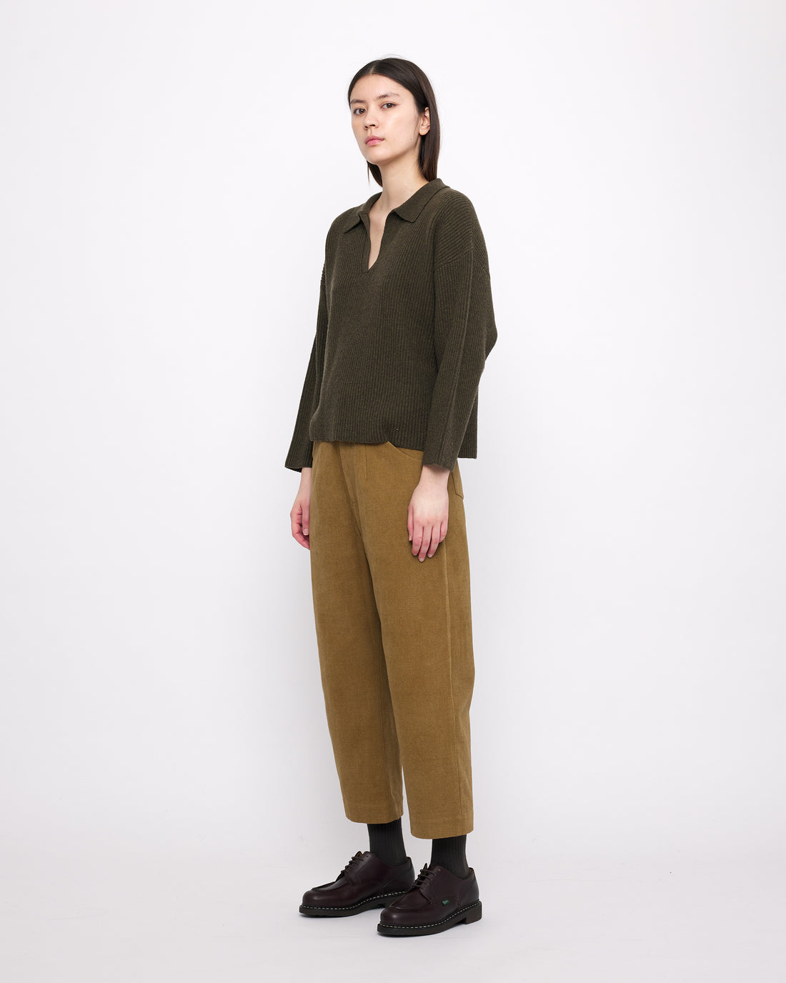 Ribbed Collared V-Neck Jumper - FW24 - Olive