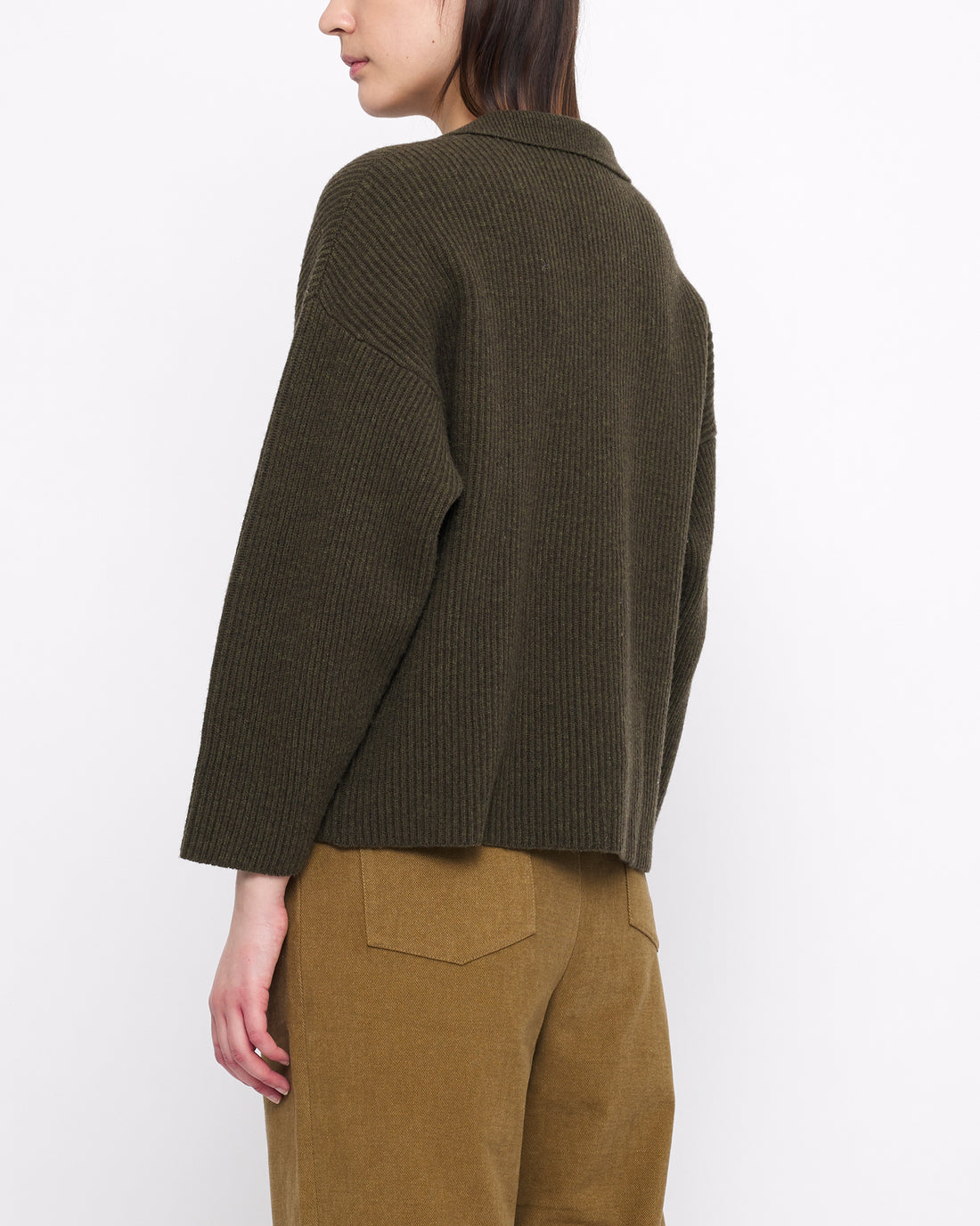 Ribbed Collared V-Neck Jumper - FW24 - Olive