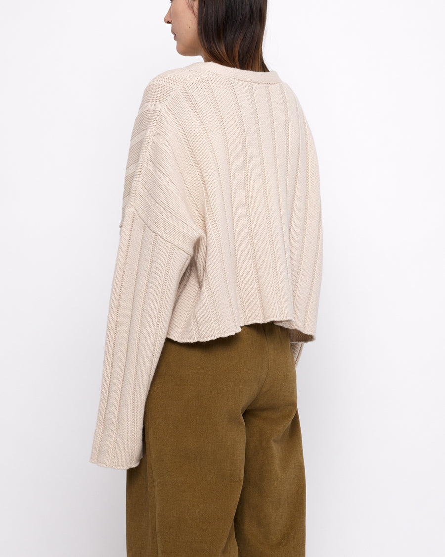 Oversized Ribbed V-Neck - FW24 - Beige-White