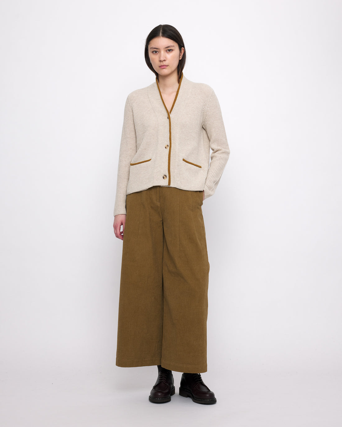 V-Neck Pockets Trimmed Cardigan - FW24 - Dove (Mustard)