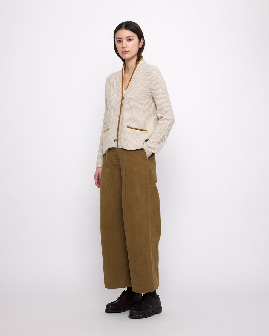 V-Neck Pockets Trimmed Cardigan - FW24 -Dove (Mustard)