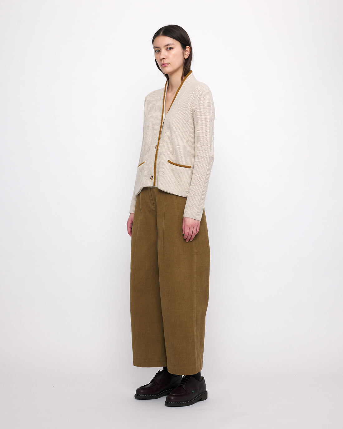 V-Neck Pockets Trimmed Cardigan - FW24 - Dove (Mustard)