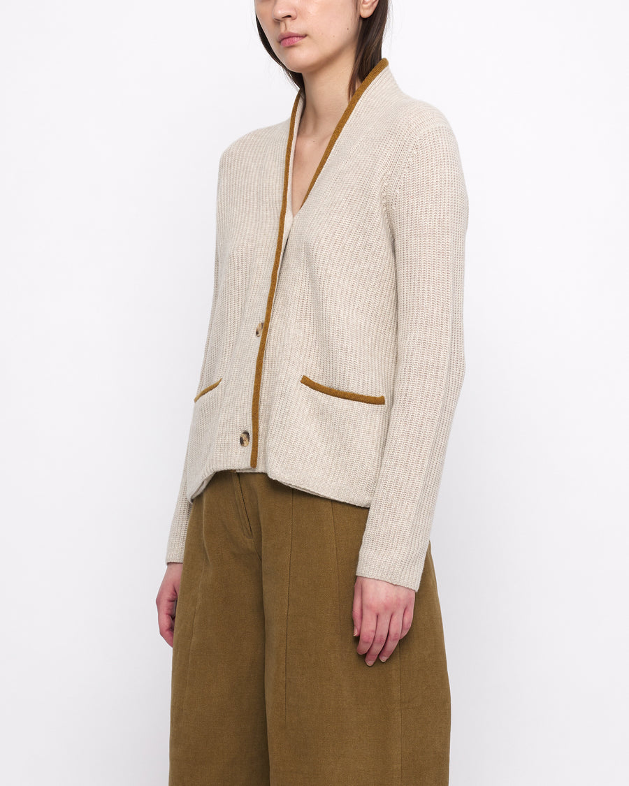 V-Neck Pockets Trimmed Cardigan - FW24 - Dove (Mustard)