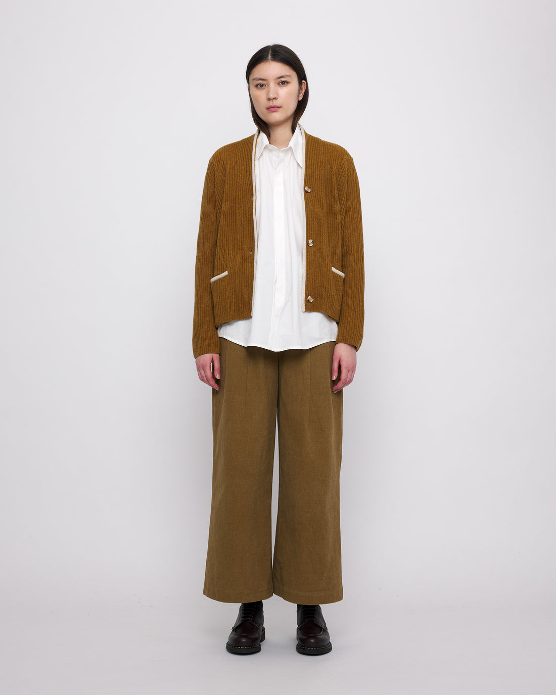 V-Neck Pockets Trimmed Cardigan - FW24 - Mustard (White Dove)