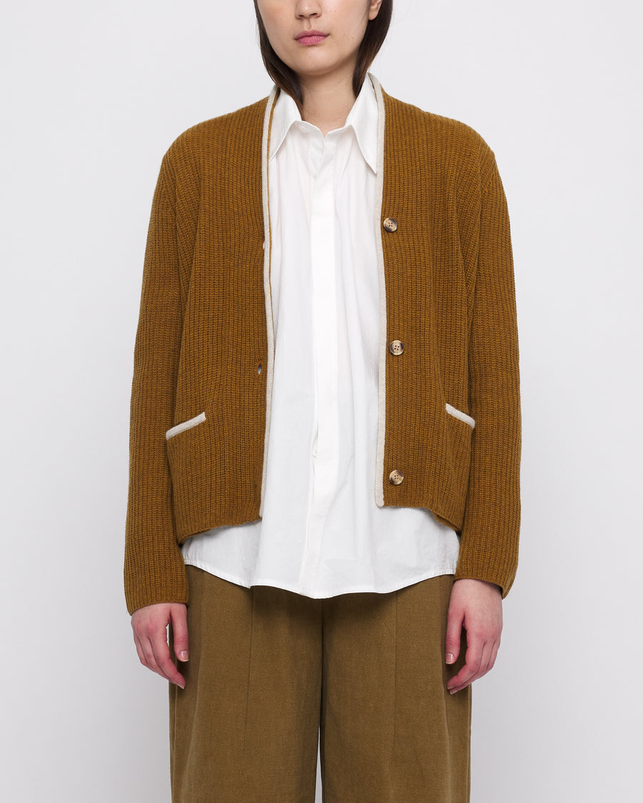 V-Neck Pockets Trimmed Cardigan - FW24 - Mustard (White Dove)