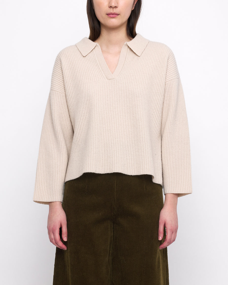 Ribbed Collared V-Neck Jumper - FW24 - Beige-White