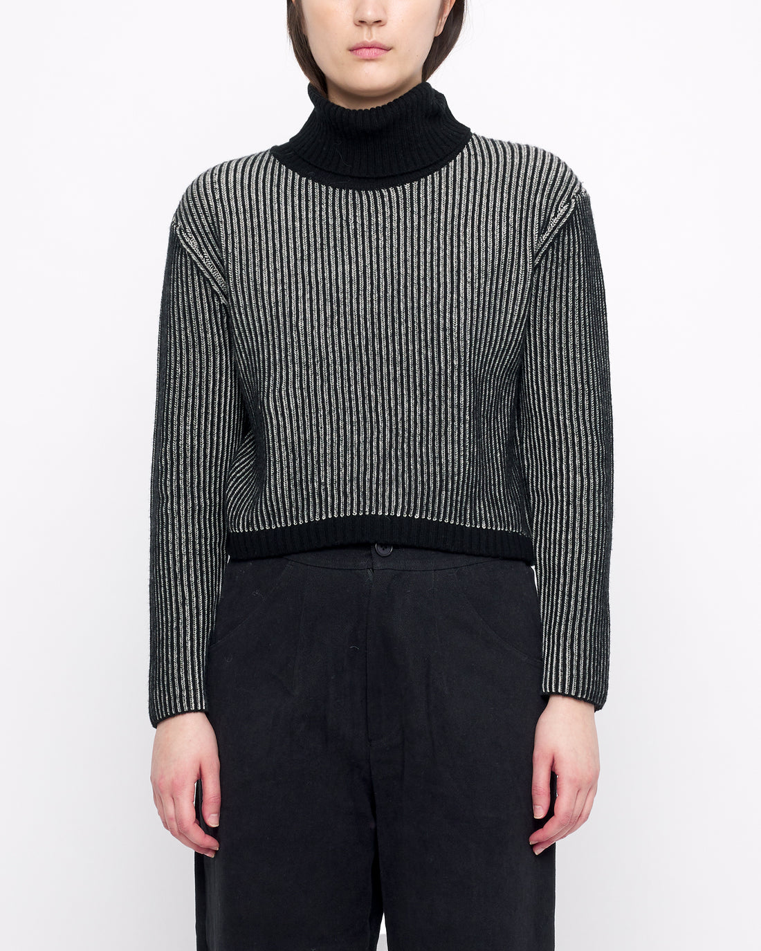 Striped Cropped Turtleneck - Black Stripes