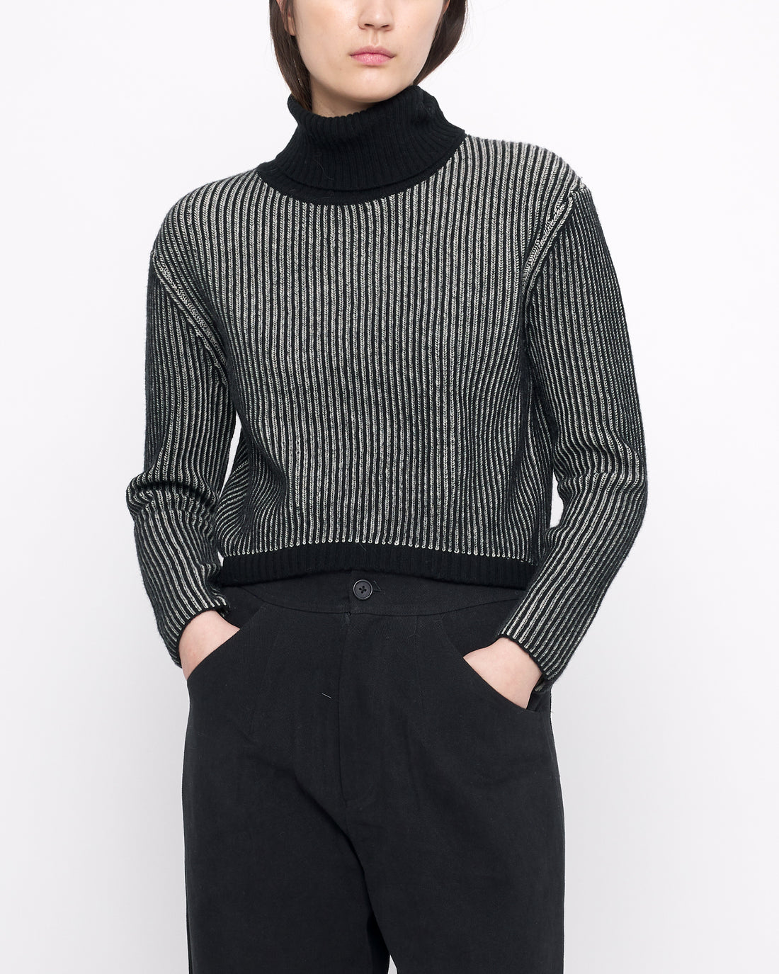 Striped Cropped Turtleneck - Black Stripes