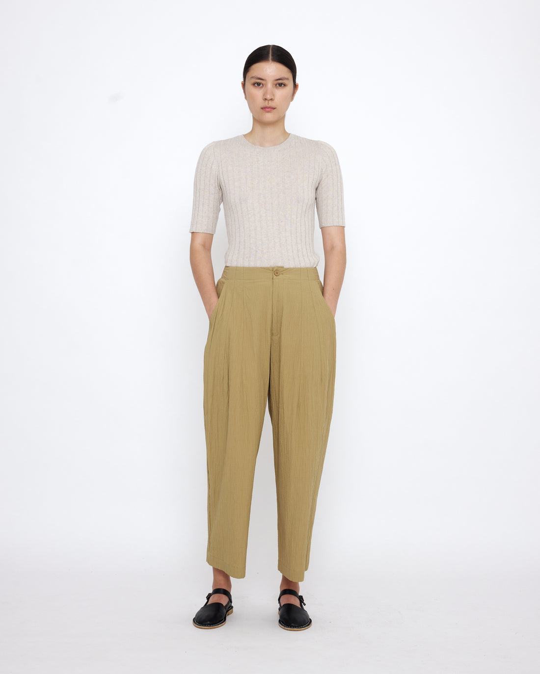 Mid-Sleeves Ribbed Fine Knit - SS25 - Sand Beige